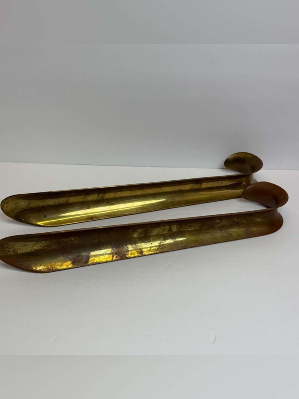 2 Vintage Solid Brass Curved Handle Shoe Horn Heavy 12" Long Gold Metal Shoehorn